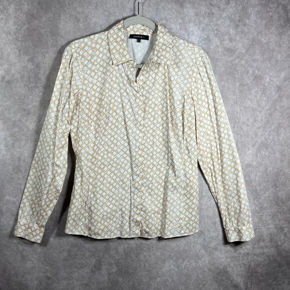 Lafayette 148 Shirt Womens 4 Beige Tan Geometric‎ Button Up Long Sleeves Casual - Picture 1 of 8